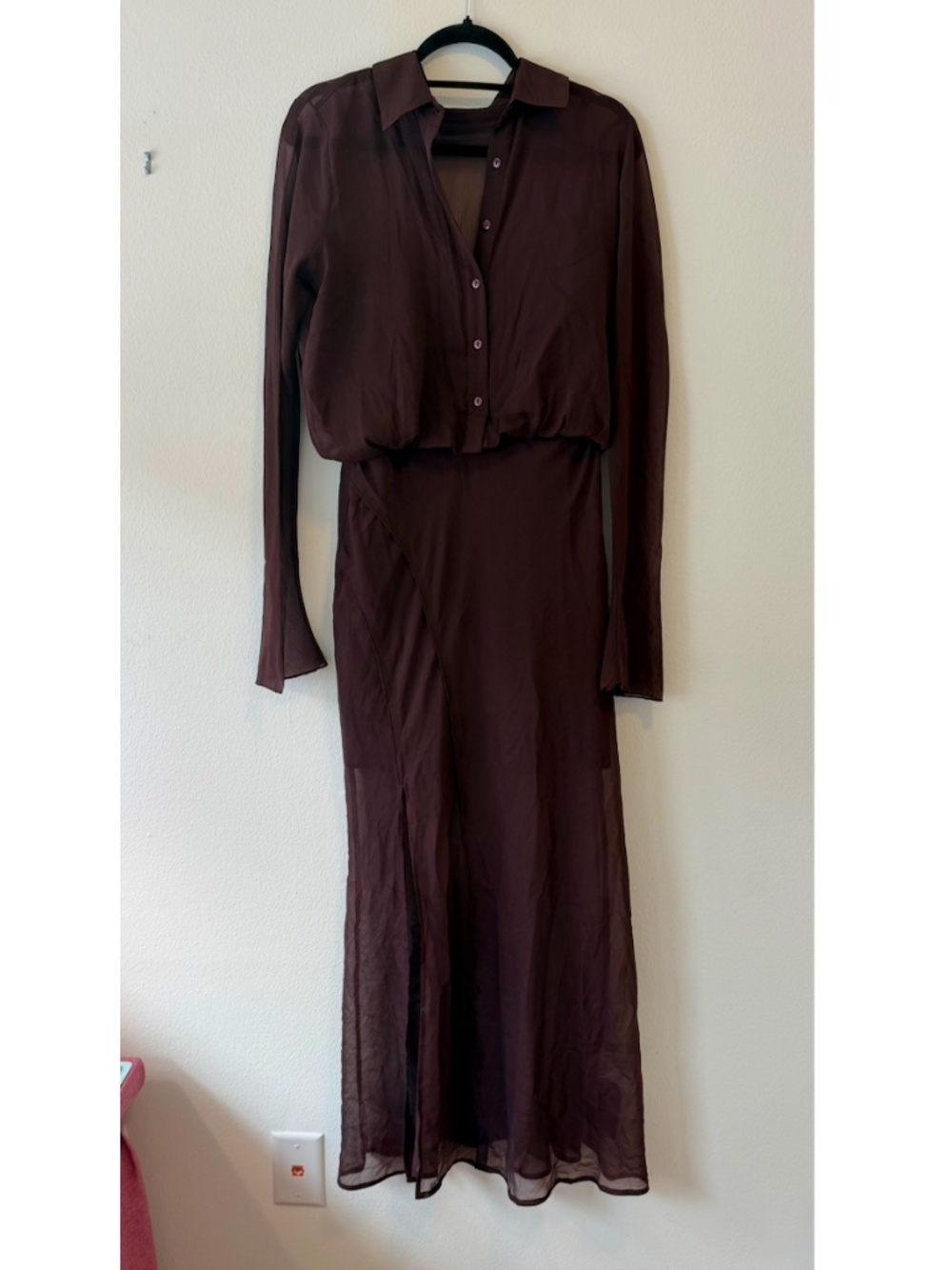 NWT ASOS DESIGN Sheer Chocolate Brown Midi Shirt Dress | Long Sleeve - Picture 5 of 10